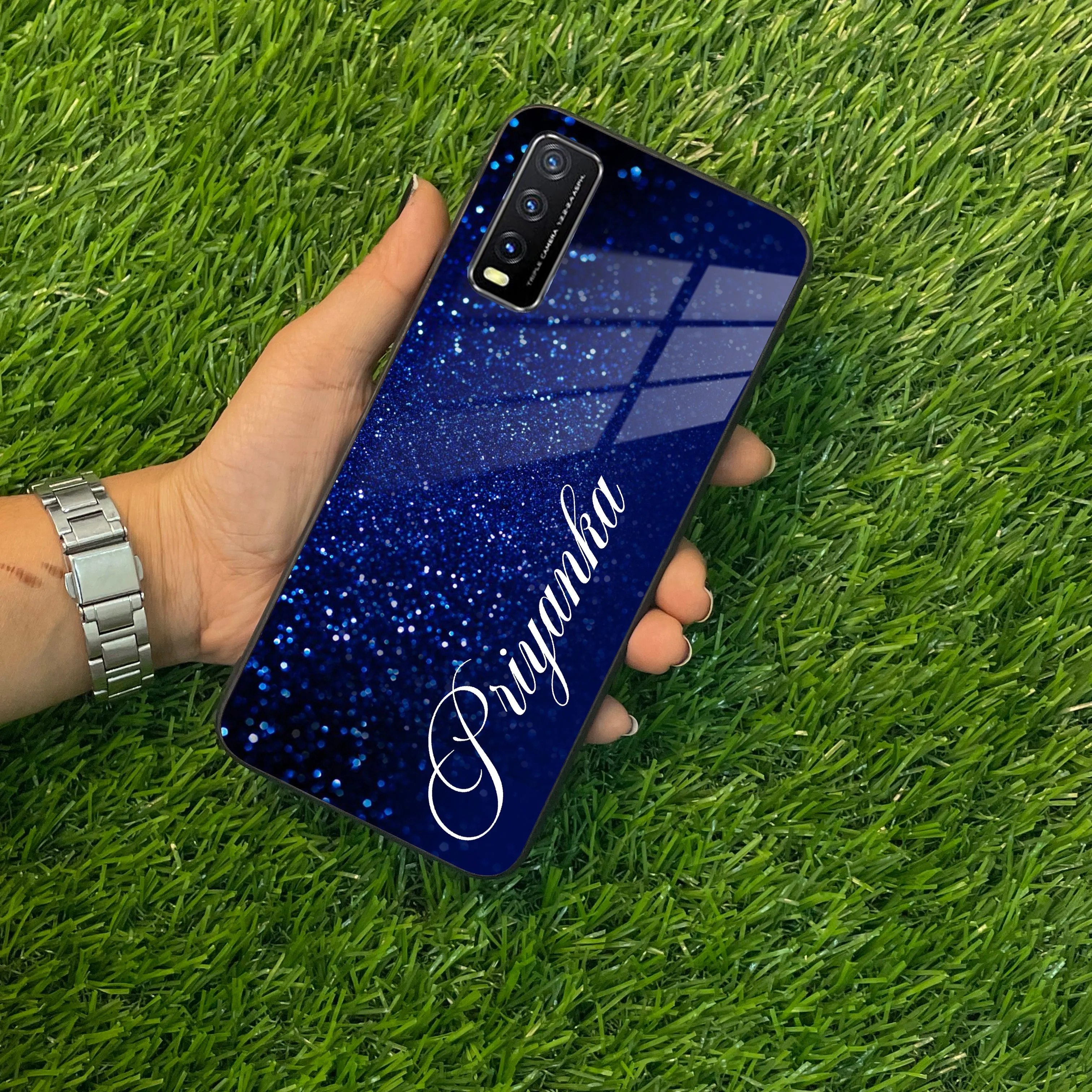Blue Glitter Customize Glass Case Cover For Vivo