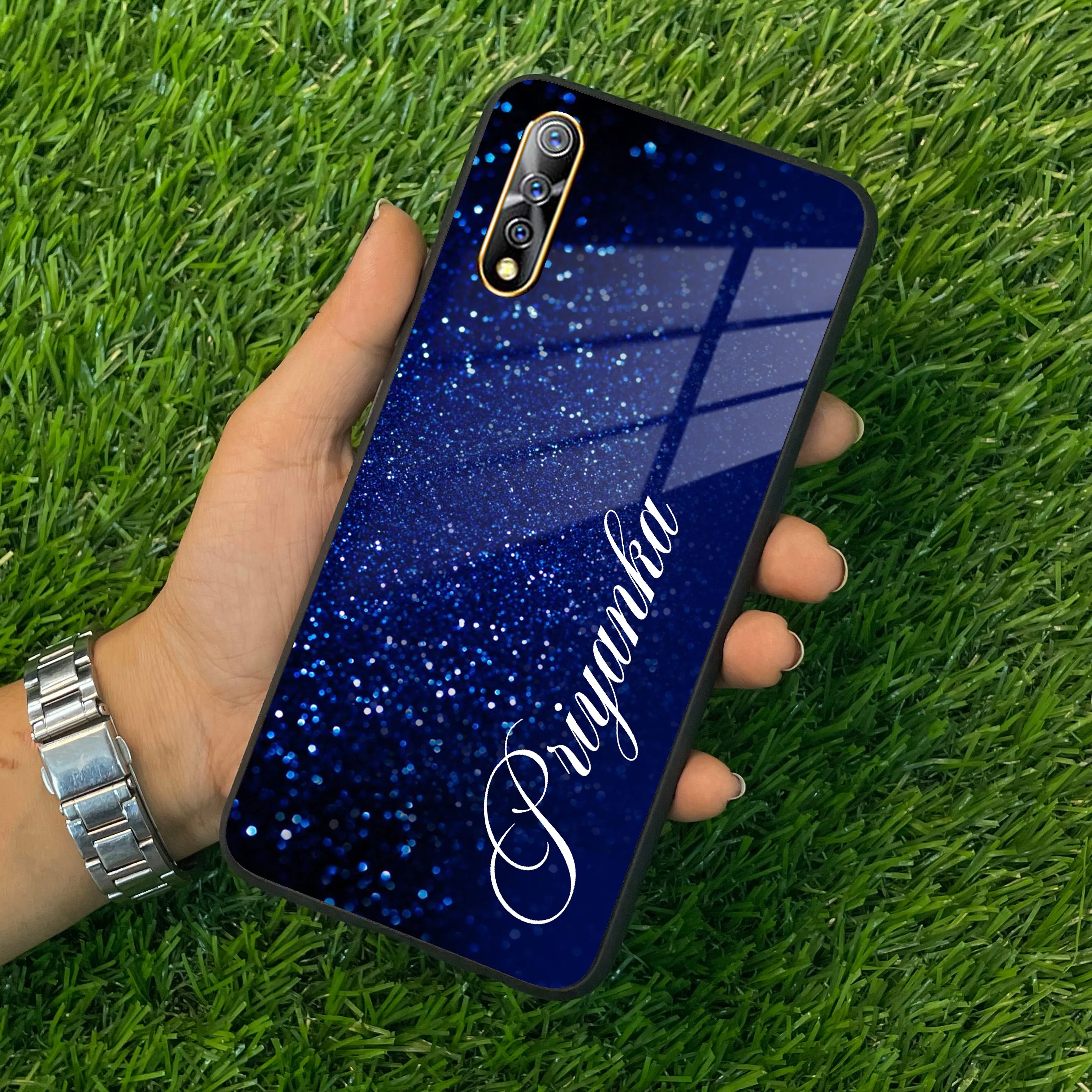 Blue Glitter Customize Glass Case Cover For Vivo