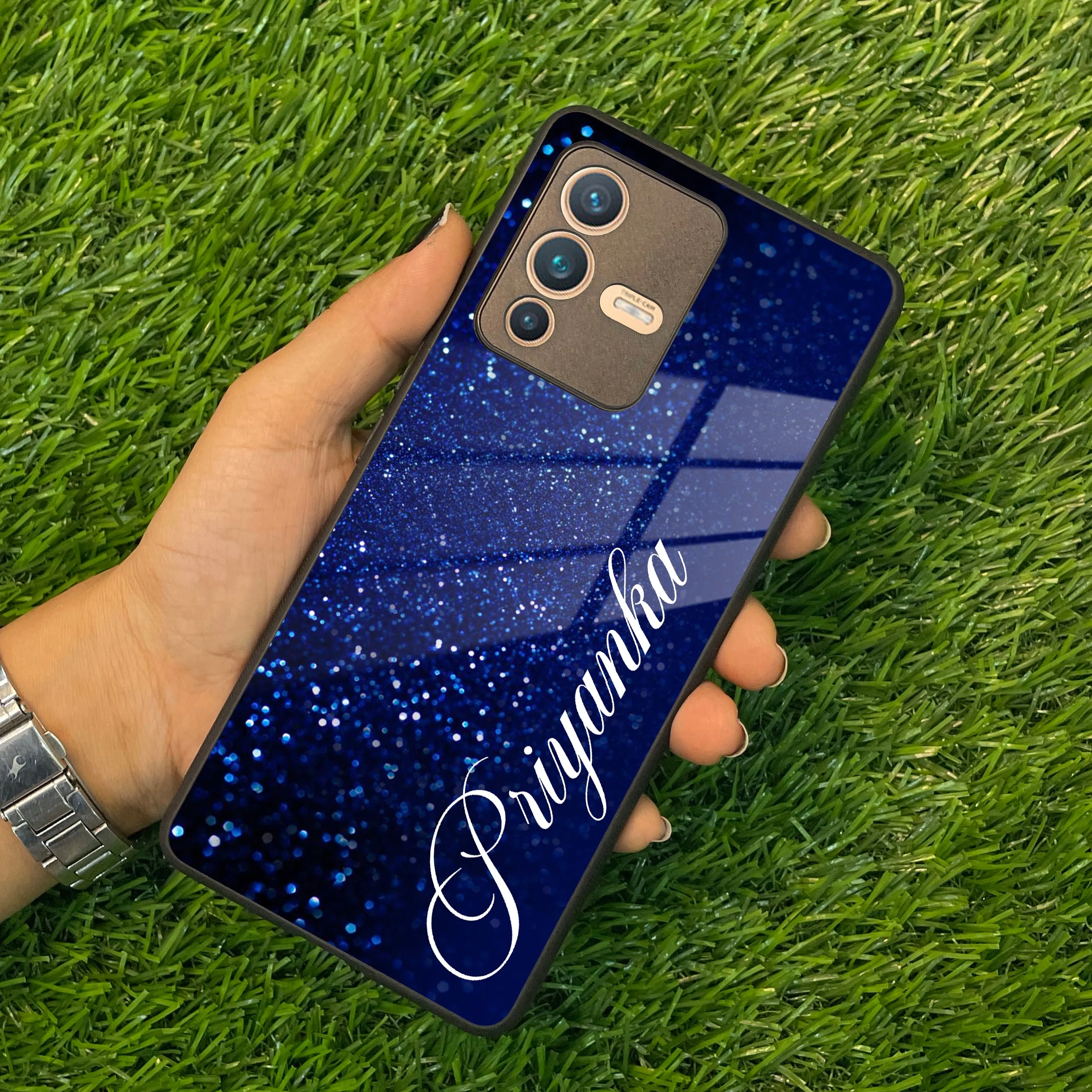 Blue Glitter Customize Glass Case Cover For Vivo