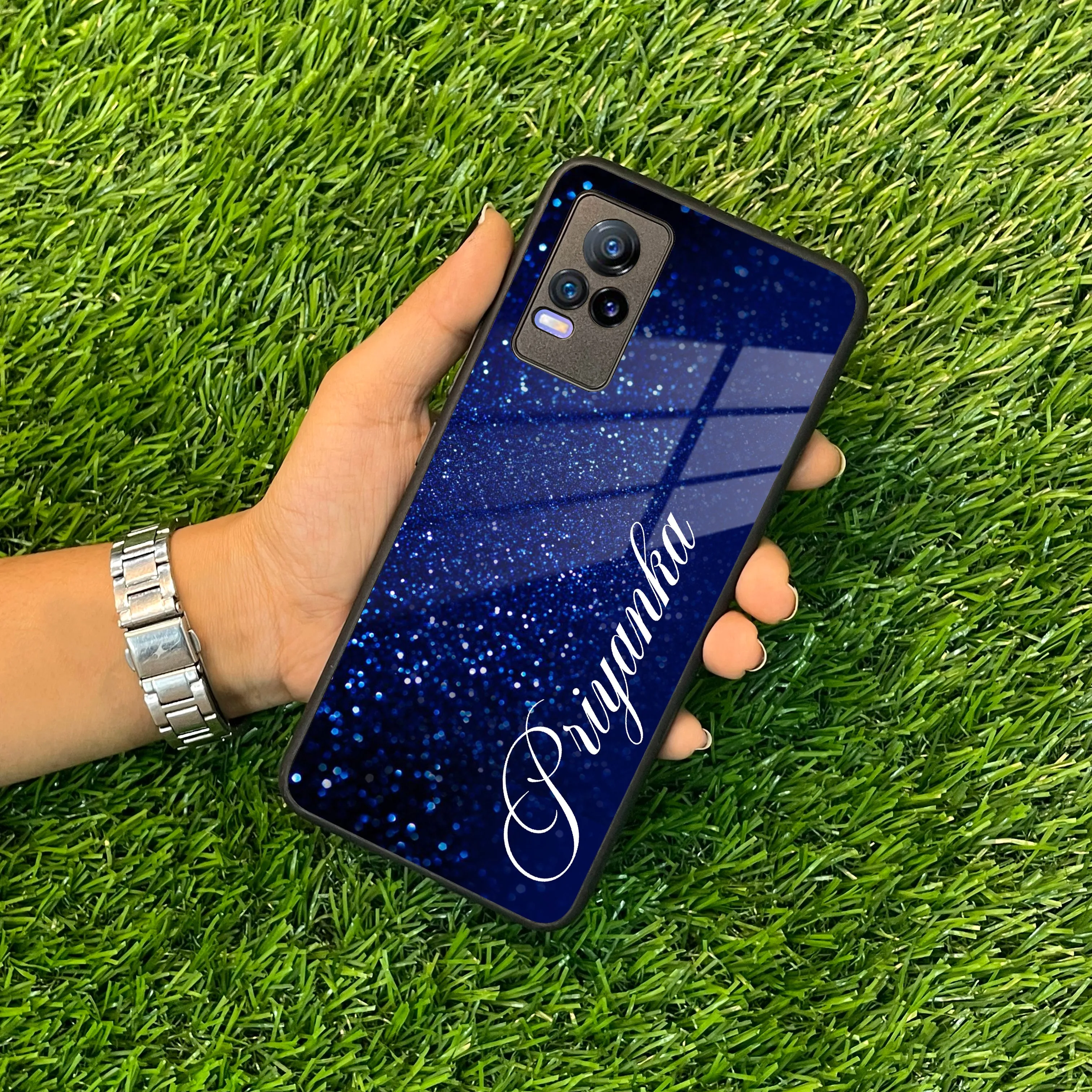 Blue Glitter Customize Glass Case Cover For Vivo