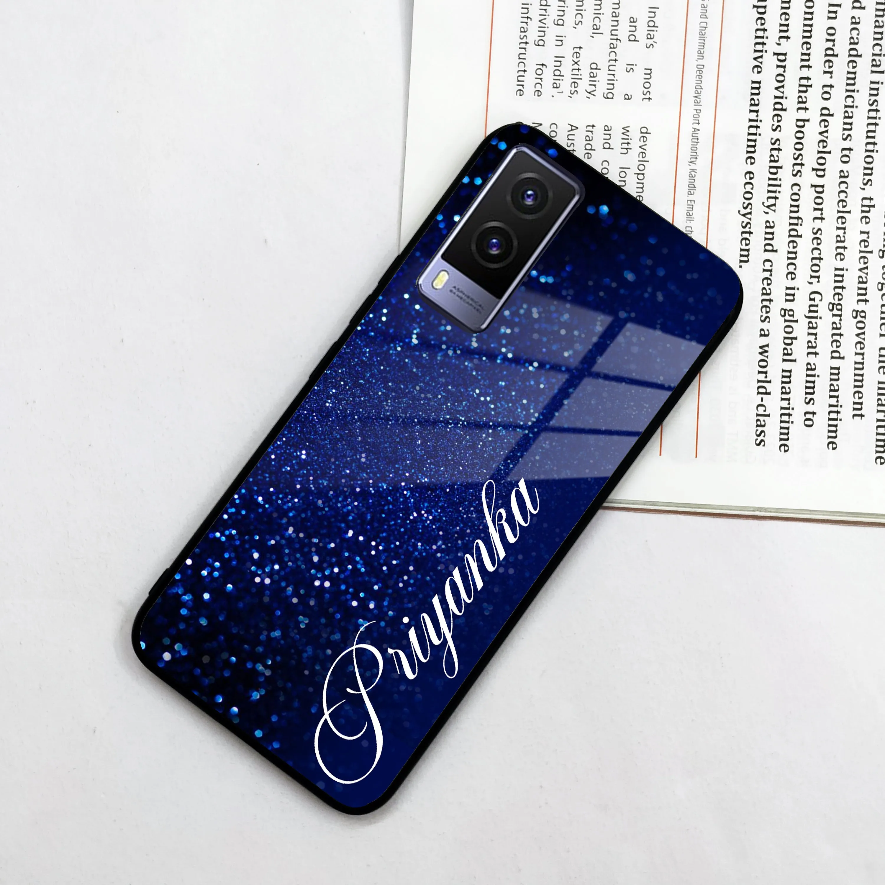 Blue Glitter Customize Glass Case Cover For Vivo