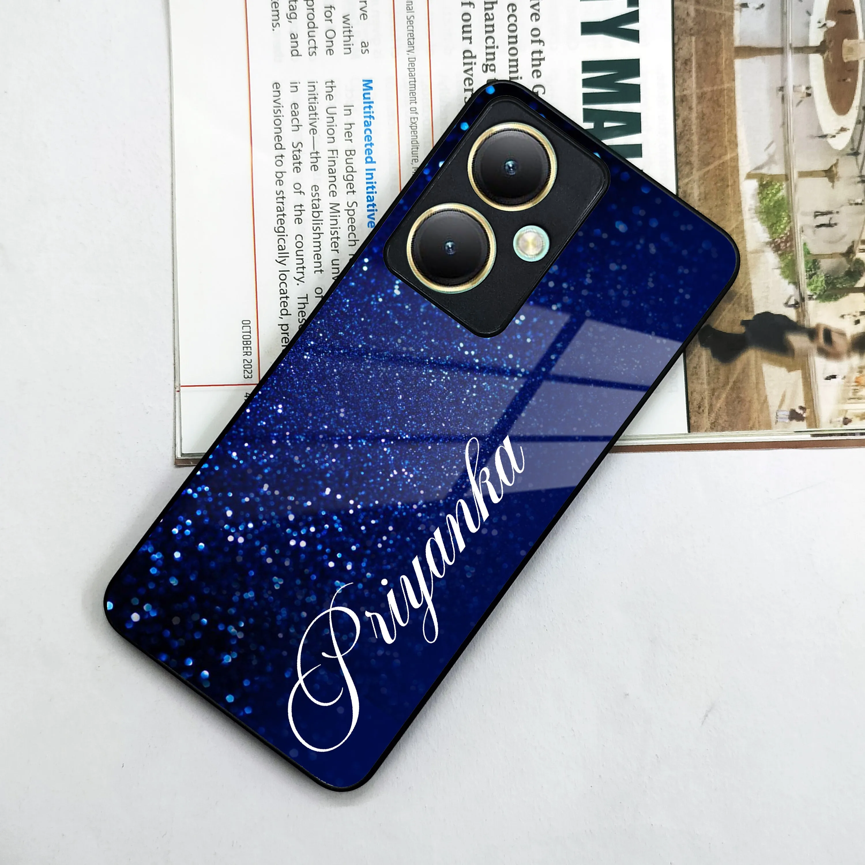 Blue Glitter Customize Glass Case Cover For Vivo
