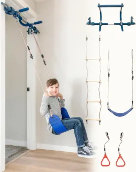 Gym1 4-Piece Doorway Swing Set Includes Sensory Swing for Kids - Indoor Pull Up Bar for Adults - 2 Rings for Grip Power, Agility Ladder - Hold Up to 300 Lbs - Pull Up Bar for Doorway