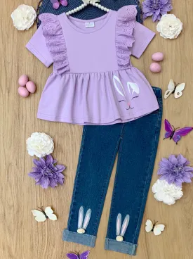 Lilac Love Bunny Embroidered Denim Set