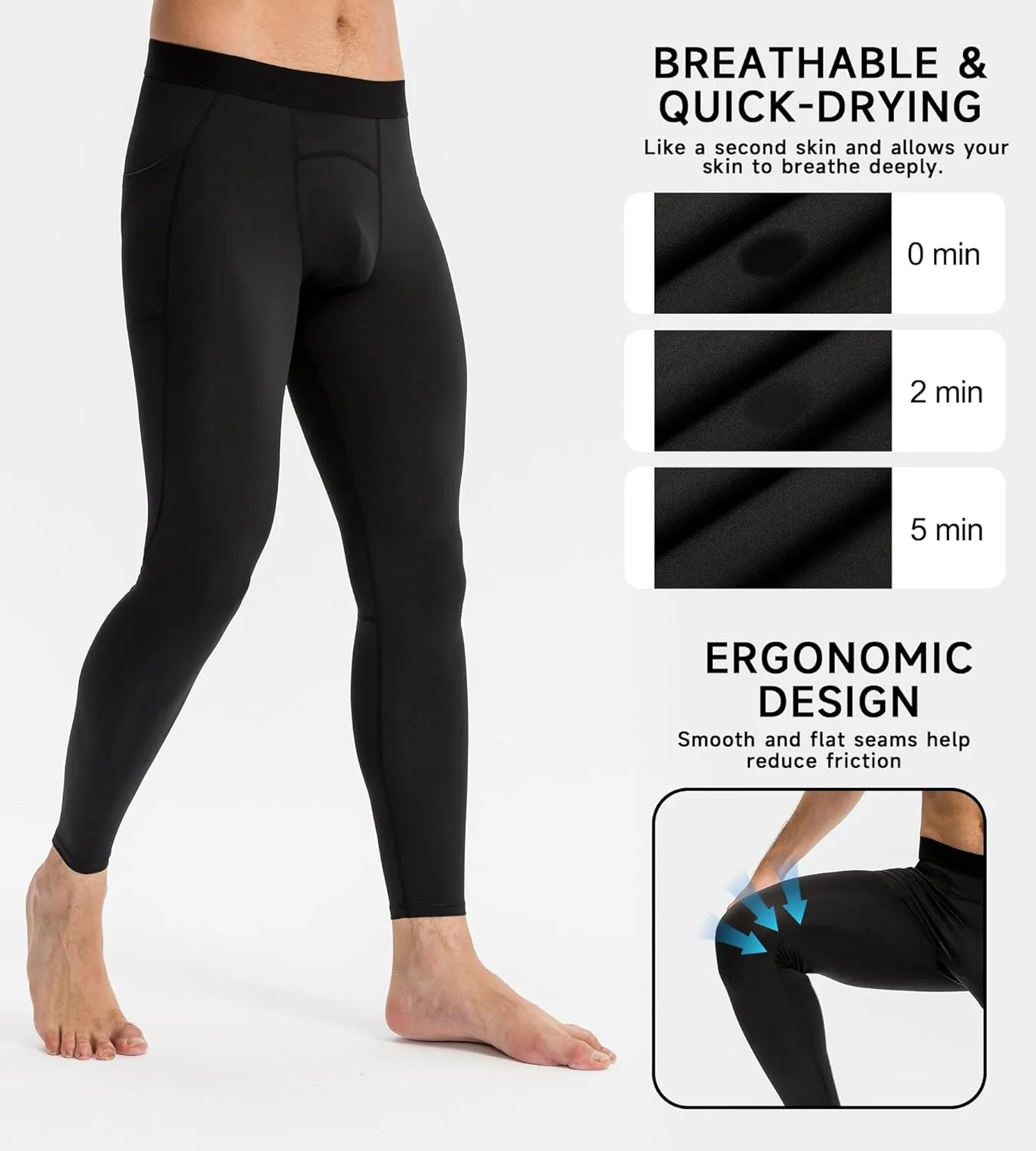 Men's Athletic Leggings Workout Compression Pants with Pockets Cool Dry Base Layer Active Tights for Cycling Running