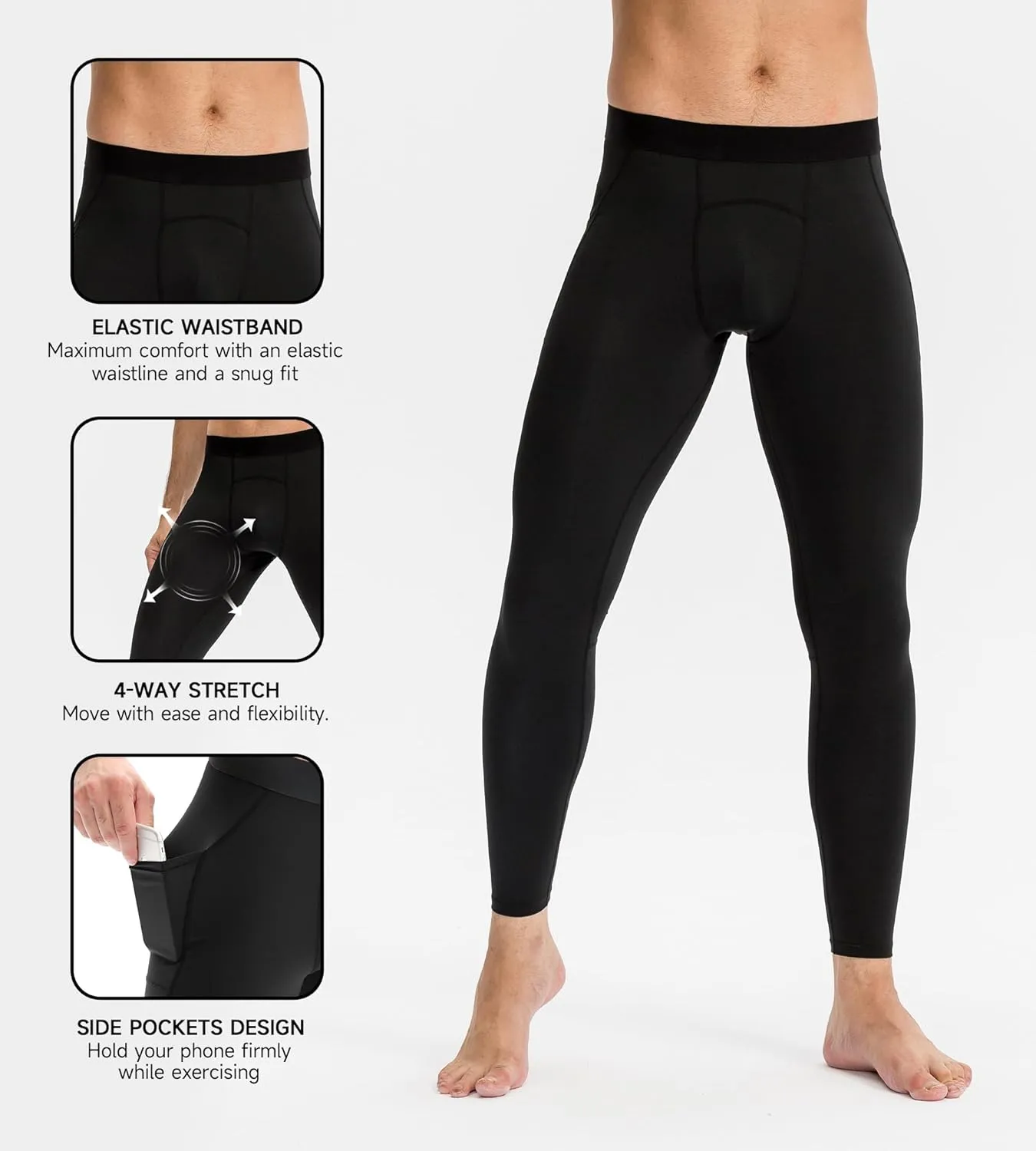 Men's Athletic Leggings Workout Compression Pants with Pockets Cool Dry Base Layer Active Tights for Cycling Running