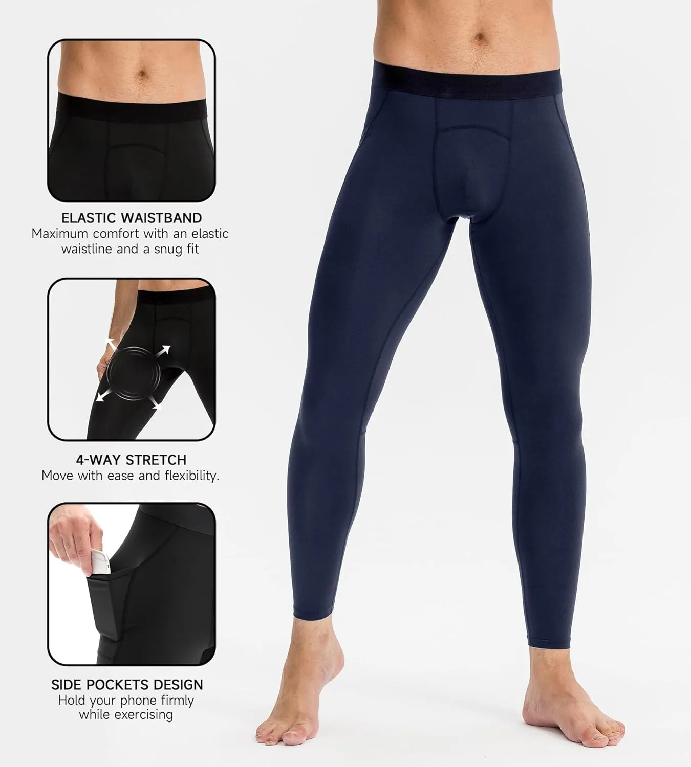 Men's Athletic Leggings Workout Compression Pants with Pockets Cool Dry Base Layer Active Tights for Cycling Running