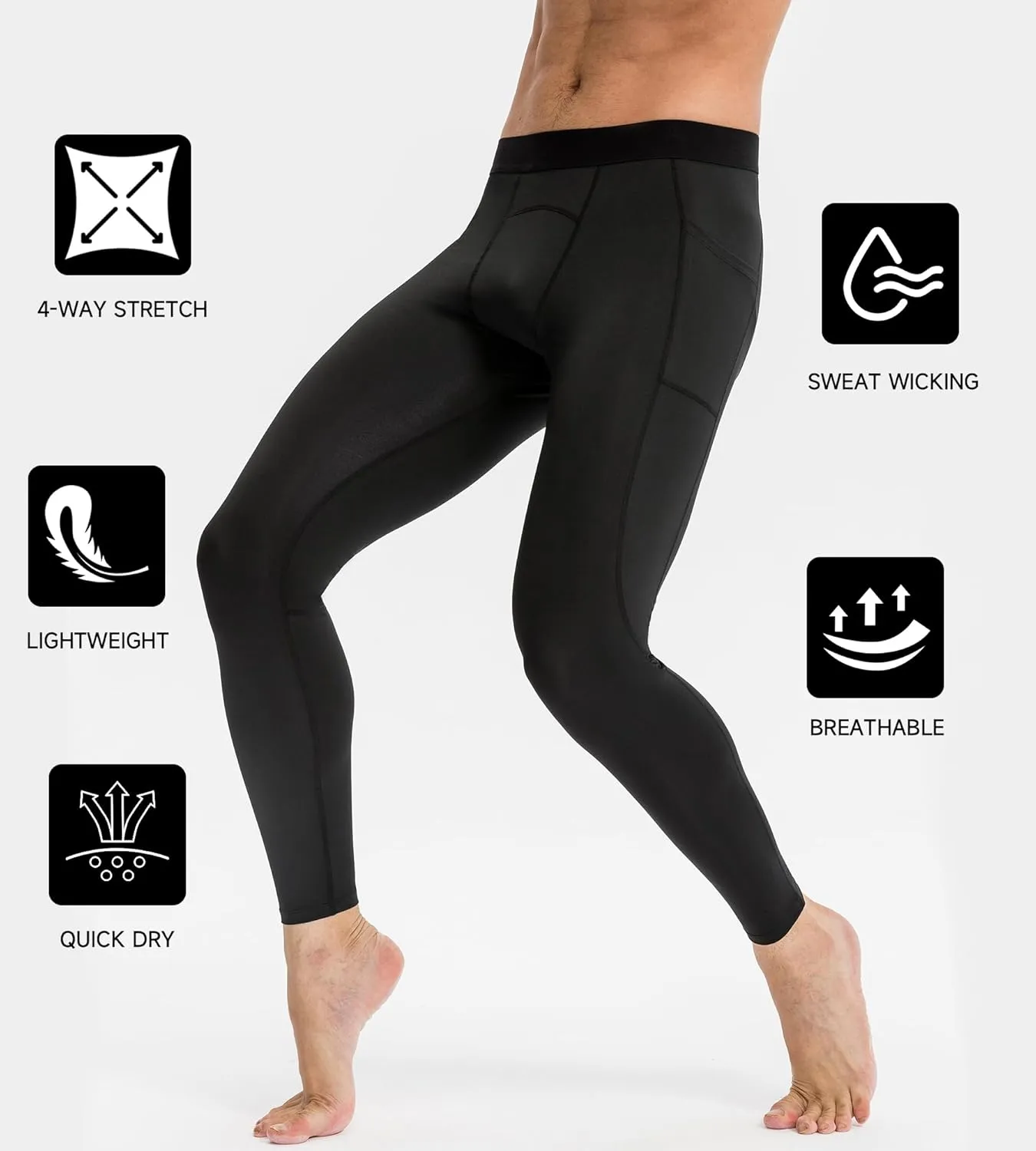 Men's Athletic Leggings Workout Compression Pants with Pockets Cool Dry Base Layer Active Tights for Cycling Running
