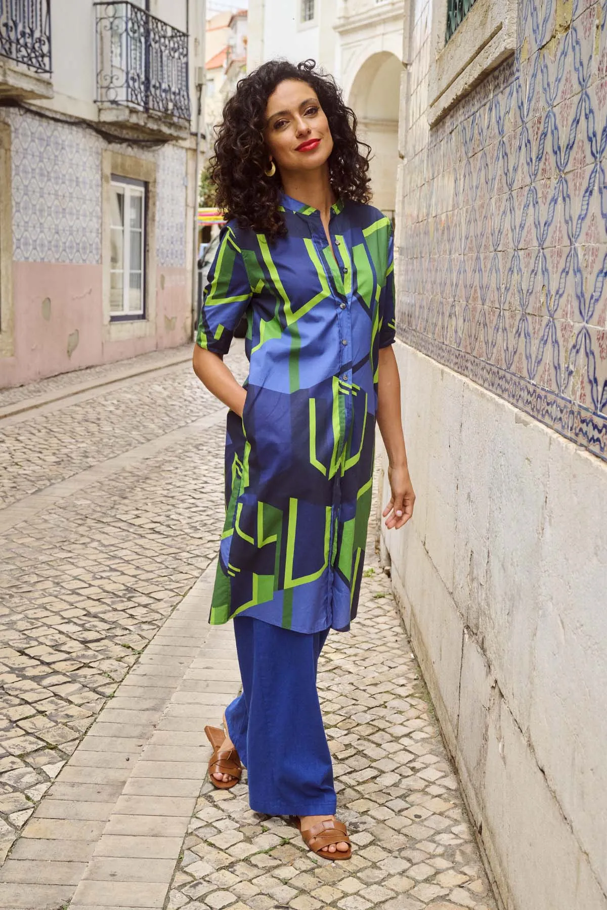 Plaza Shirt Dress Navy/Green in Cotton
