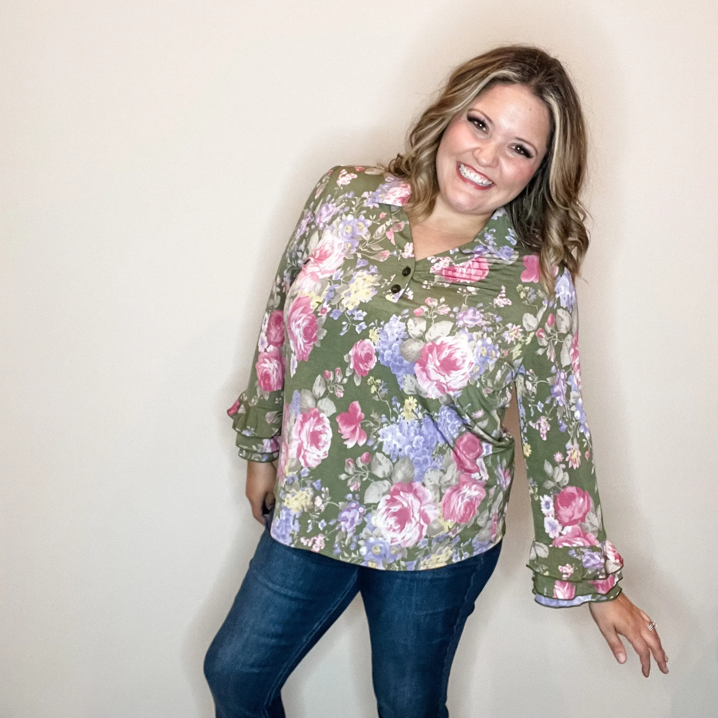 "Jump Right In" Ruffle Long Sleeve Collared V Neck with Button Detail