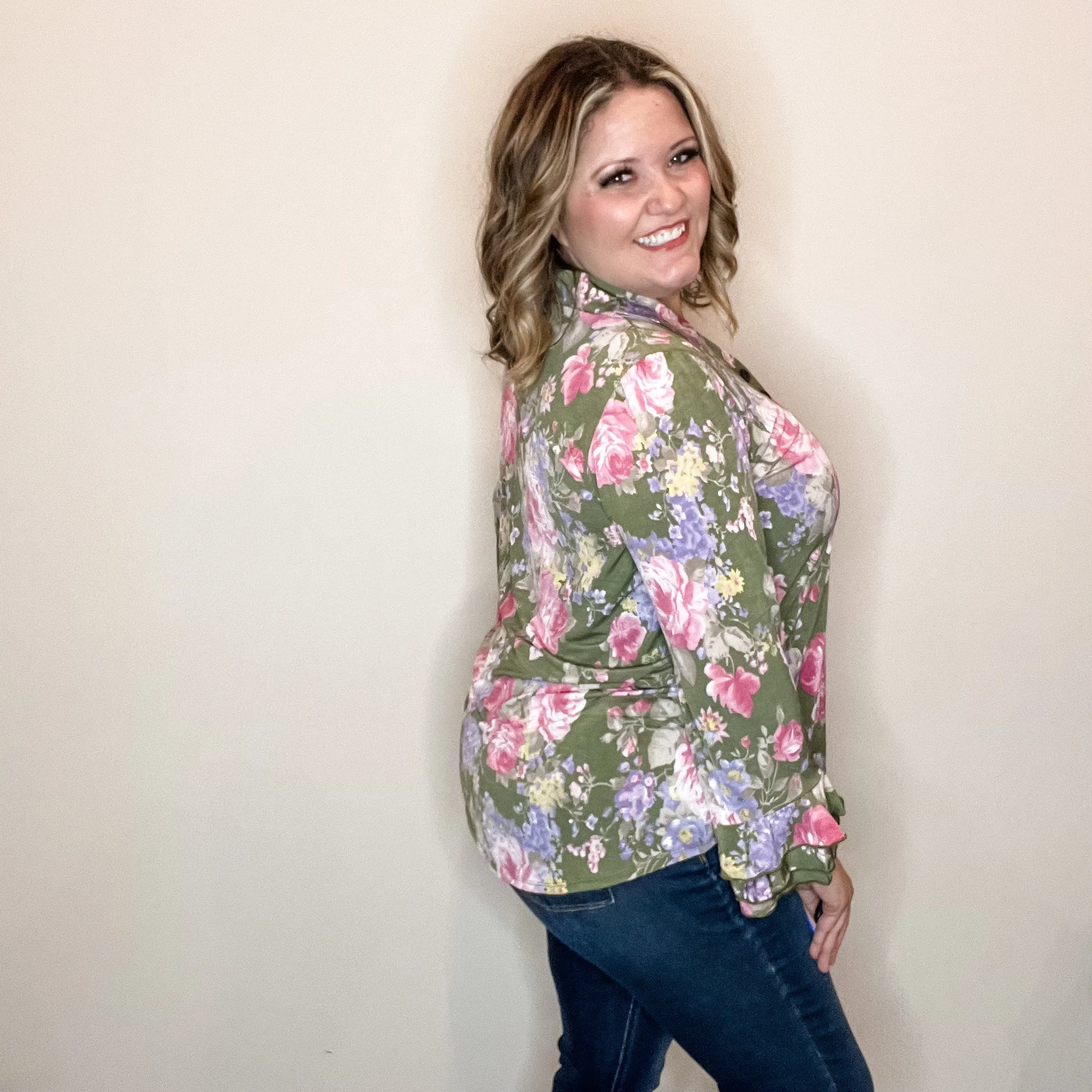 "Jump Right In" Ruffle Long Sleeve Collared V Neck with Button Detail