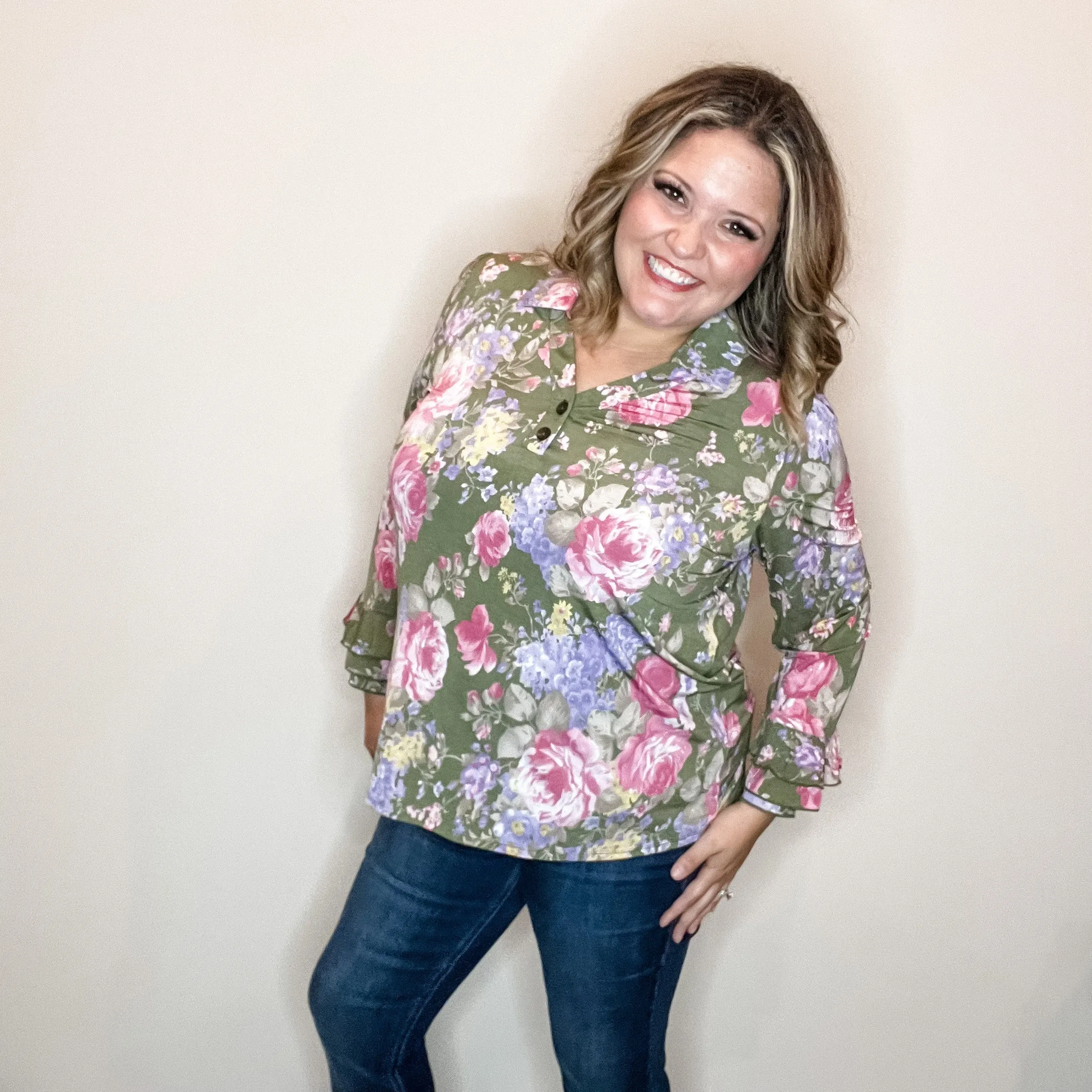 "Jump Right In" Ruffle Long Sleeve Collared V Neck with Button Detail