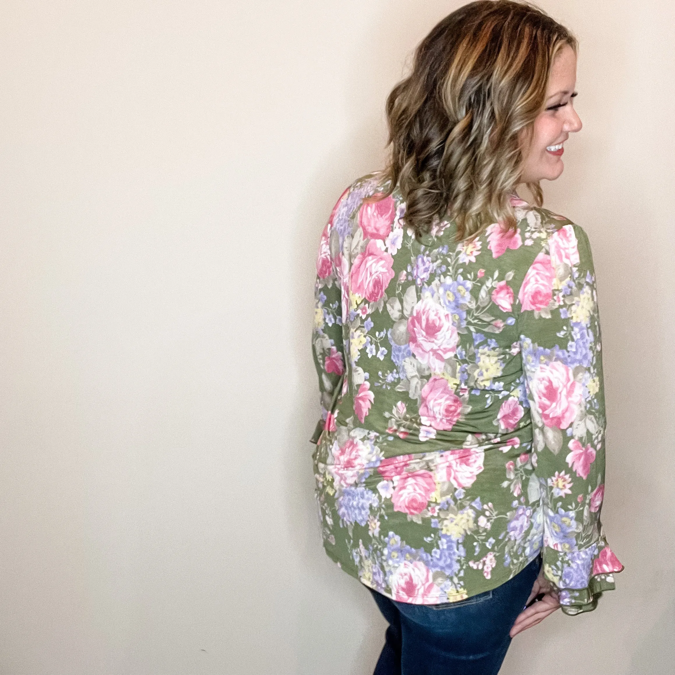 "Jump Right In" Ruffle Long Sleeve Collared V Neck with Button Detail