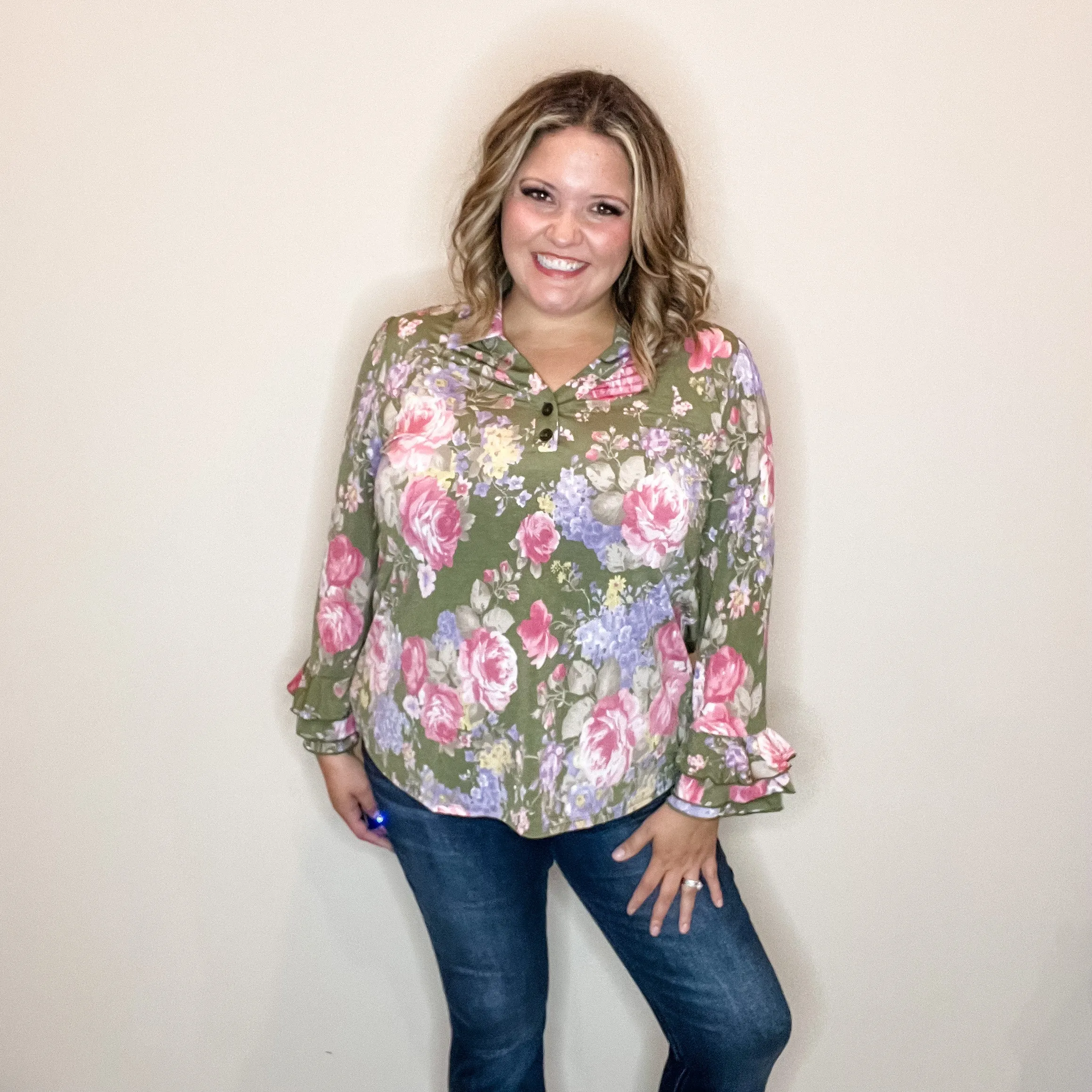 "Jump Right In" Ruffle Long Sleeve Collared V Neck with Button Detail