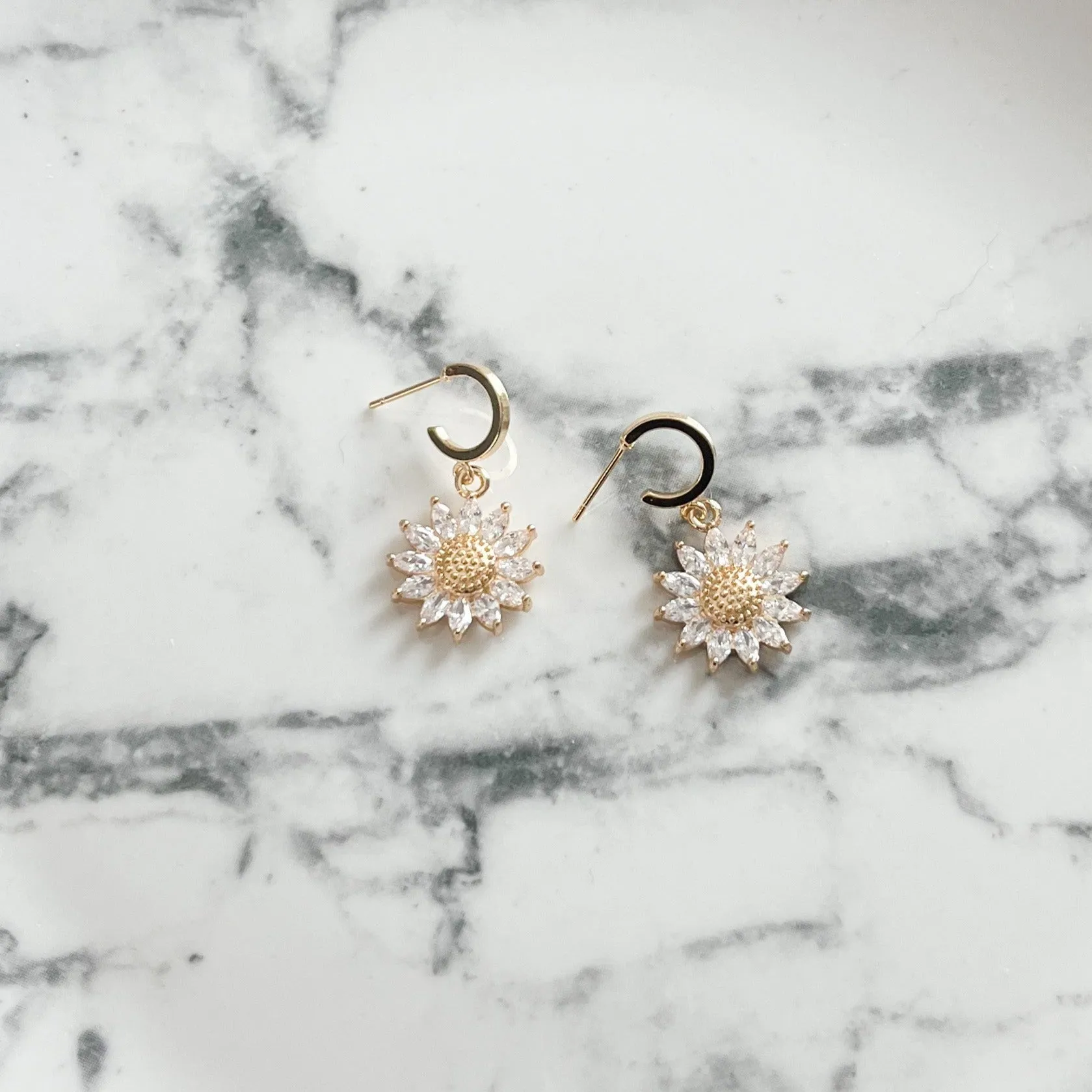 Sunflower Cubic Zirconia Huggie Hoop Earrings