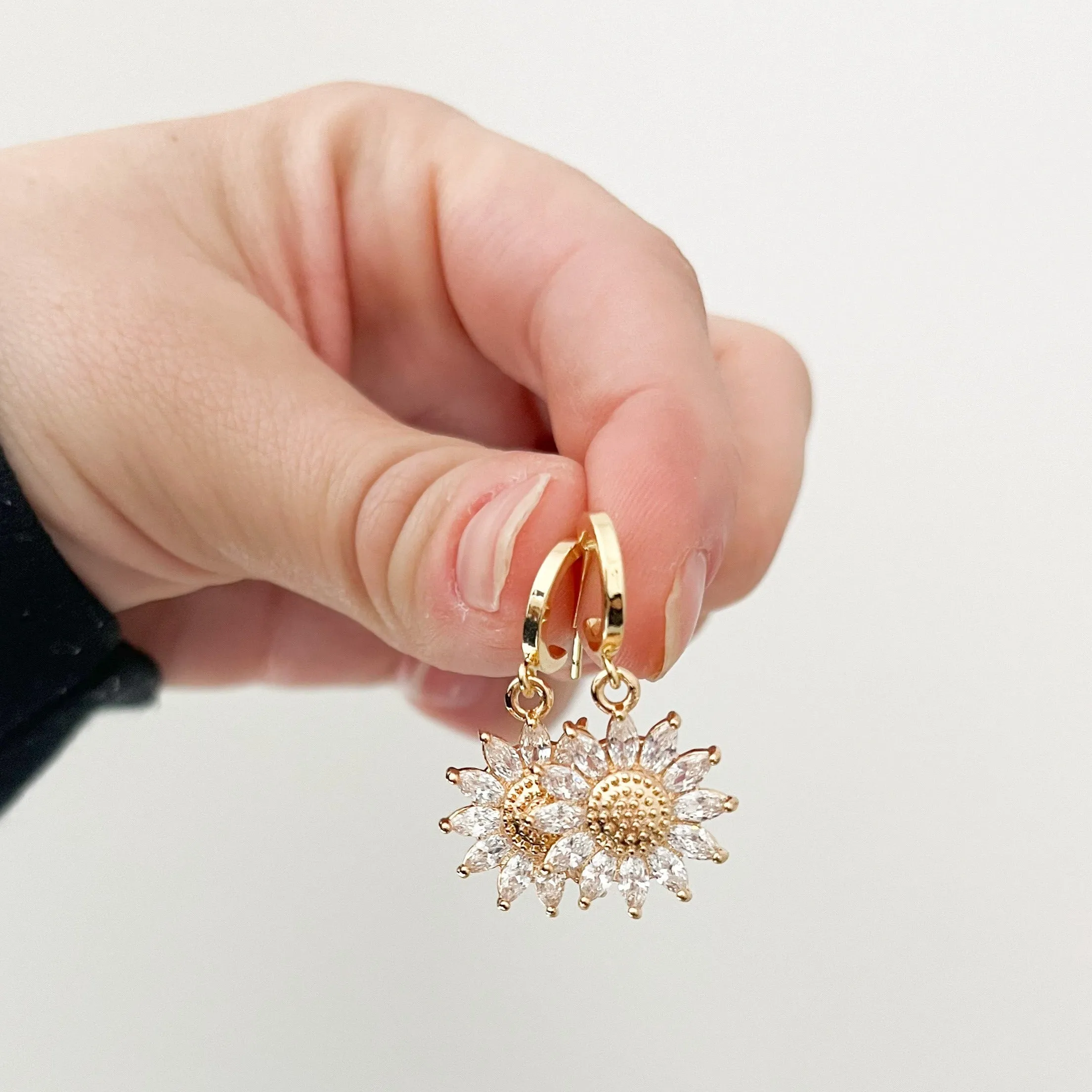 Sunflower Cubic Zirconia Huggie Hoop Earrings