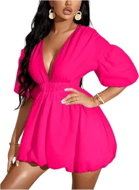 WDIRARA Women's Deep V Neck Puff Sleeve High Rise Flare Dress Elastic Waist Dress
