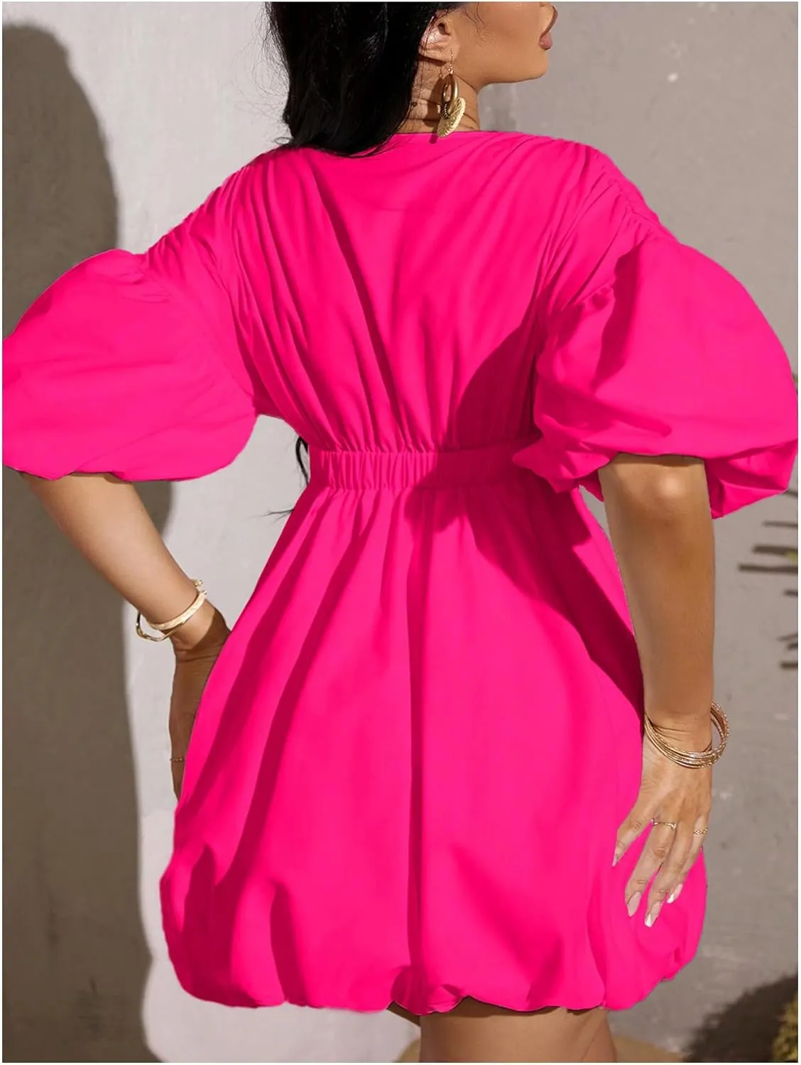 WDIRARA Women's Deep V Neck Puff Sleeve High Rise Flare Dress Elastic Waist Dress