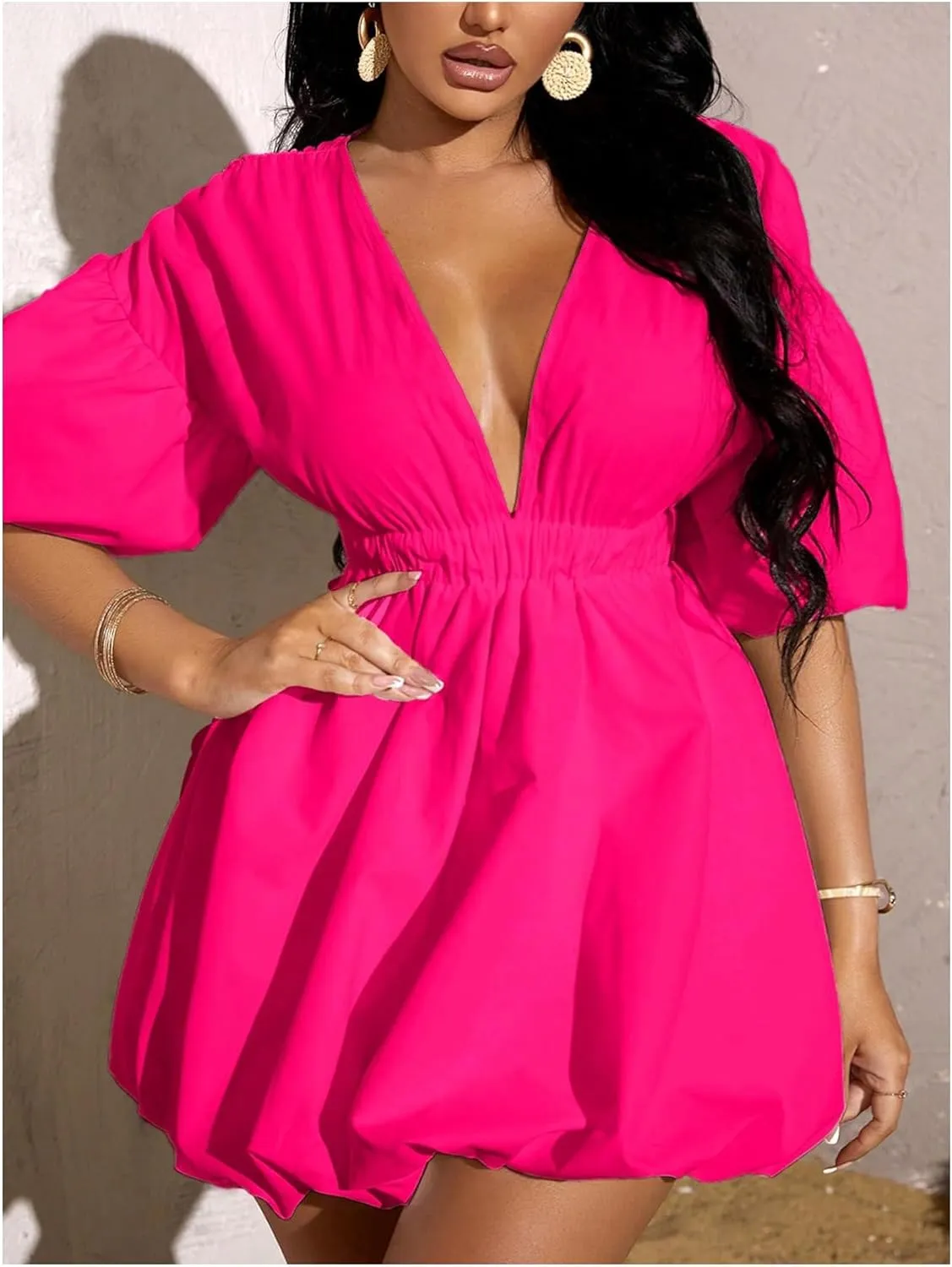 WDIRARA Women's Deep V Neck Puff Sleeve High Rise Flare Dress Elastic Waist Dress