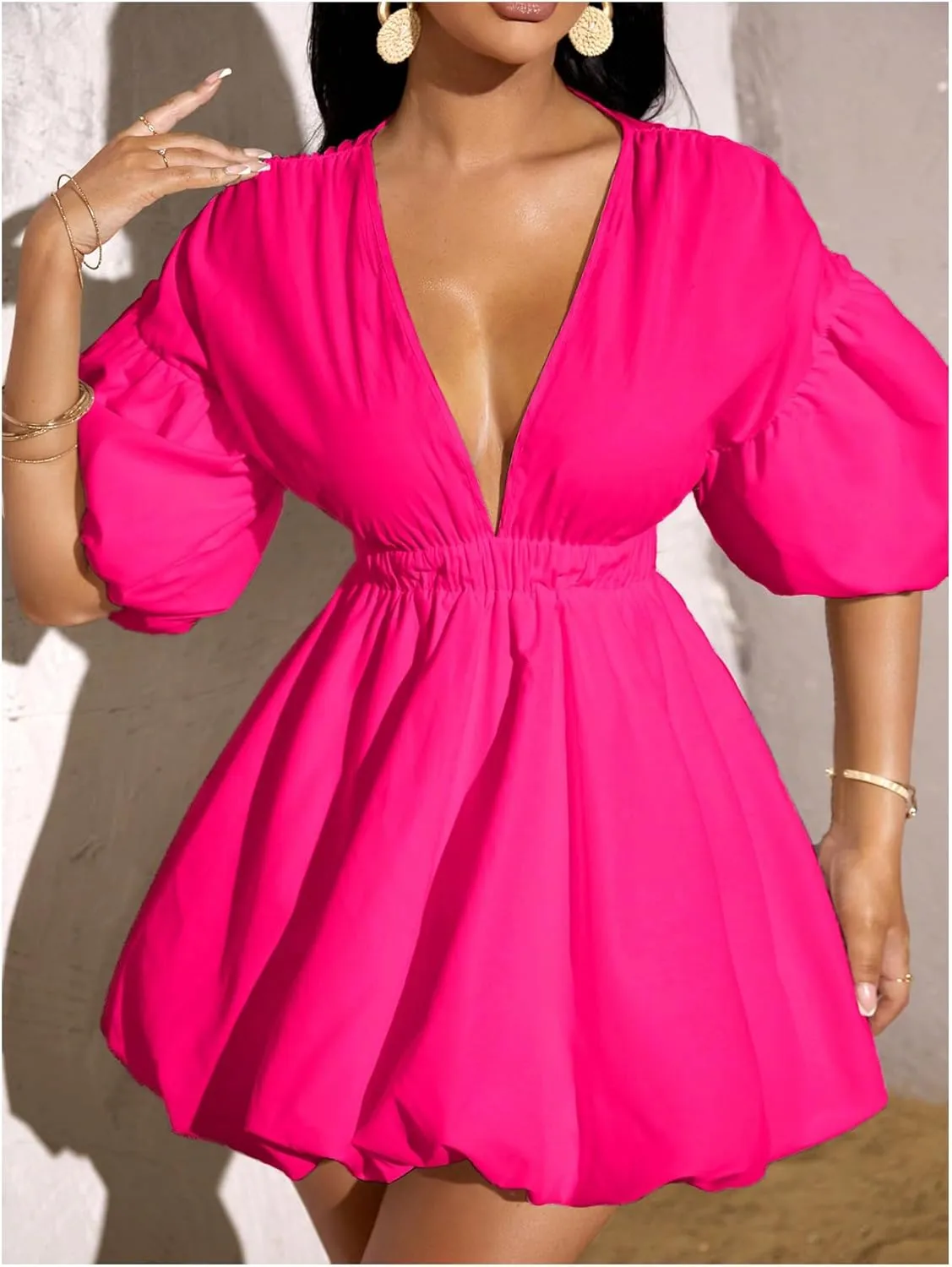 WDIRARA Women's Deep V Neck Puff Sleeve High Rise Flare Dress Elastic Waist Dress
