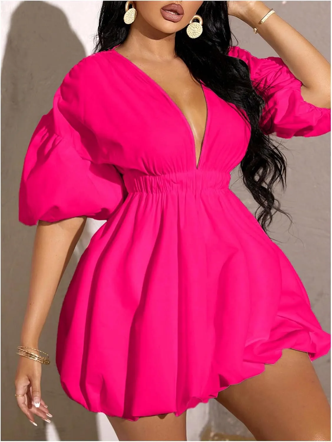 WDIRARA Women's Deep V Neck Puff Sleeve High Rise Flare Dress Elastic Waist Dress