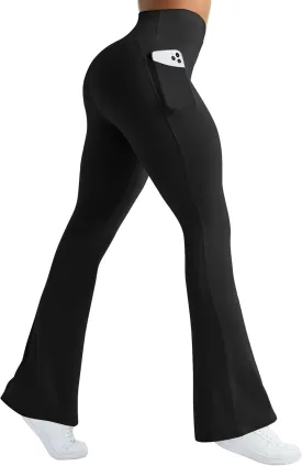 Womens Flare Yoga Pants with Pockets Crossover Flared Leggings Bootcut Bell Bottom No Front Seam